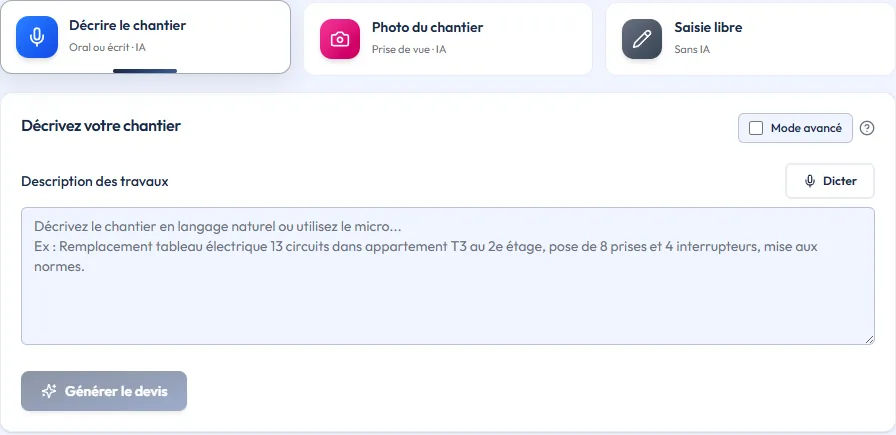 Écran de création d'un devis dans Vulko : un champ pour décrire les travaux en langage naturel, un bouton Dicter pour parler au lieu d'écrire, et le bouton Générer le devis.