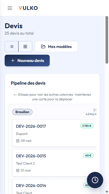 Vue kanban des devis Vulko sur mobile